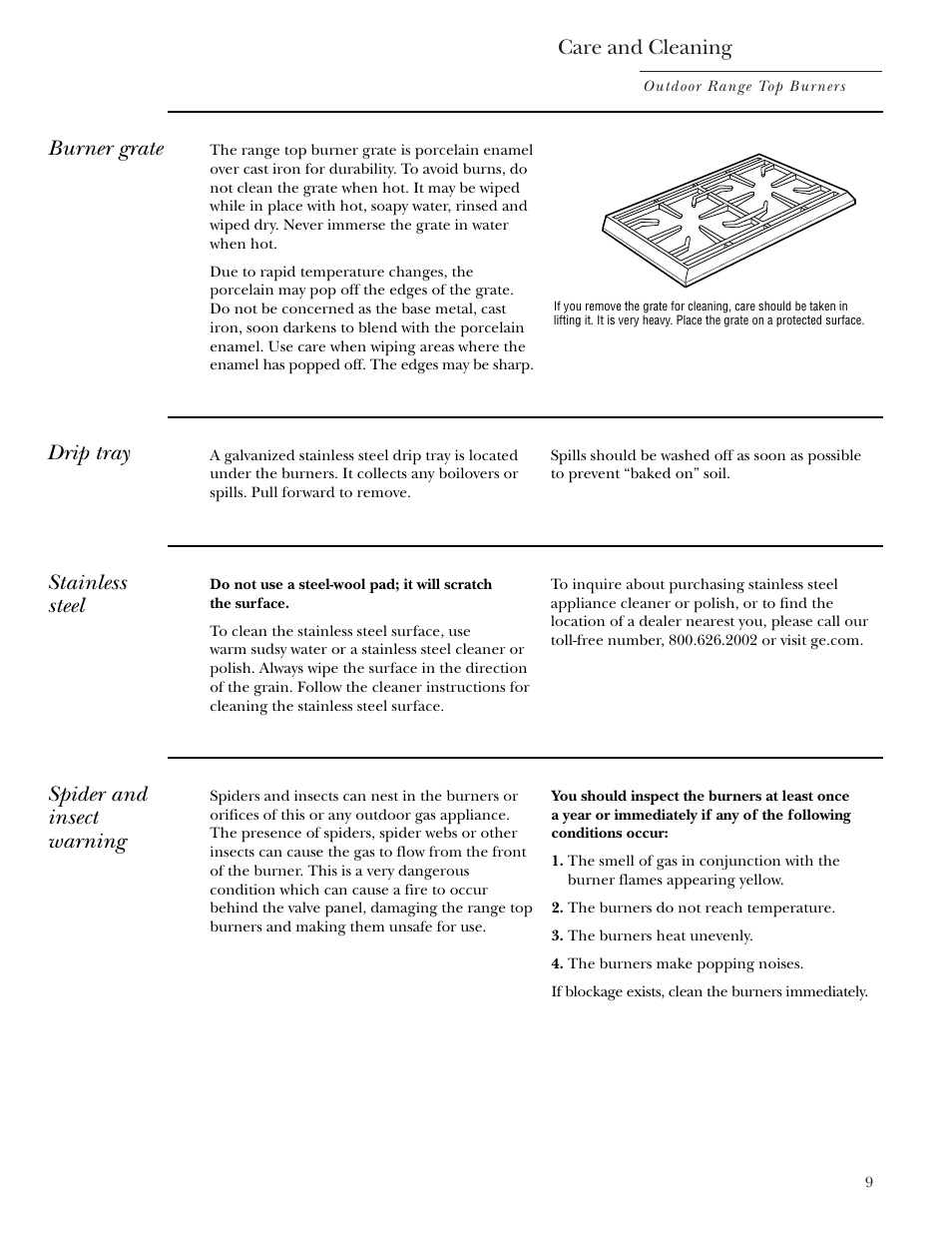 Burner grate, Drip tray, Stainless steel | Care and cleaning, Spider and insect warning | GE Monogram ZX2YSS User Manual | Page 9 / 16