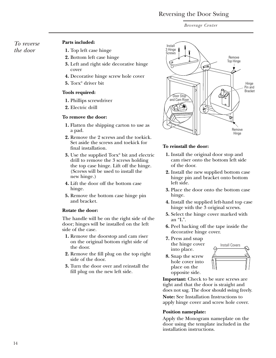 Reversing the door swing | GE Monogram ZDBR240 User Manual | Page 14 / 20