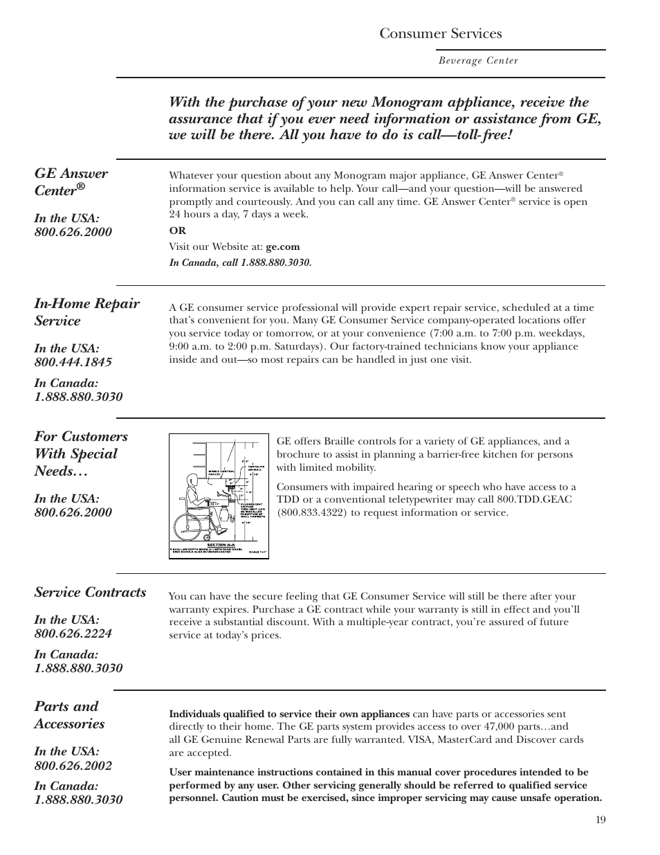 Consumer services, In-home repair service, Service contracts | Parts and accessories, For customers with special needs | GE Monogram ZDBR240 User Manual | Page 19 / 20