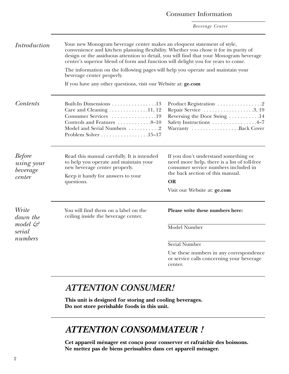 Model and serial numbers, Product registration, Attention consumer | Attention consommateur | GE Monogram ZDBR240 User Manual | Page 2 / 20