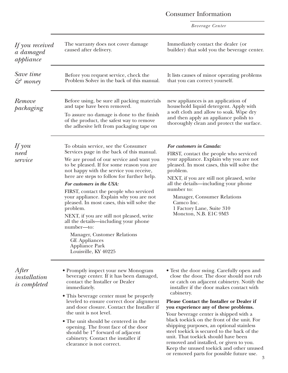 Repair service, Repair service , 19 | GE Monogram ZDBR240 User Manual | Page 3 / 20