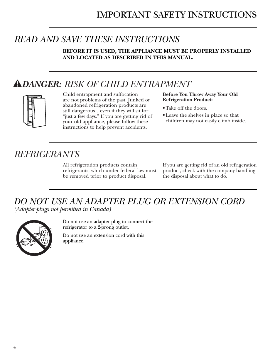 Safety instructions, Safety instructions –7, Refrigerants | W danger: risk of child entrapment, Do not use an adapter plug or extension cord | GE Monogram ZDBR240 User Manual | Page 4 / 20