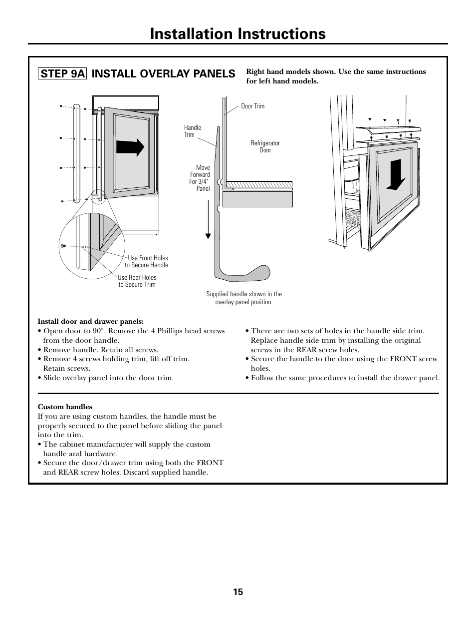 Step 9a, install overlay panels, Installation instructions, Step 9a install overlay panels | GE Monogram ZICS360 LH User Manual | Page 15 / 20