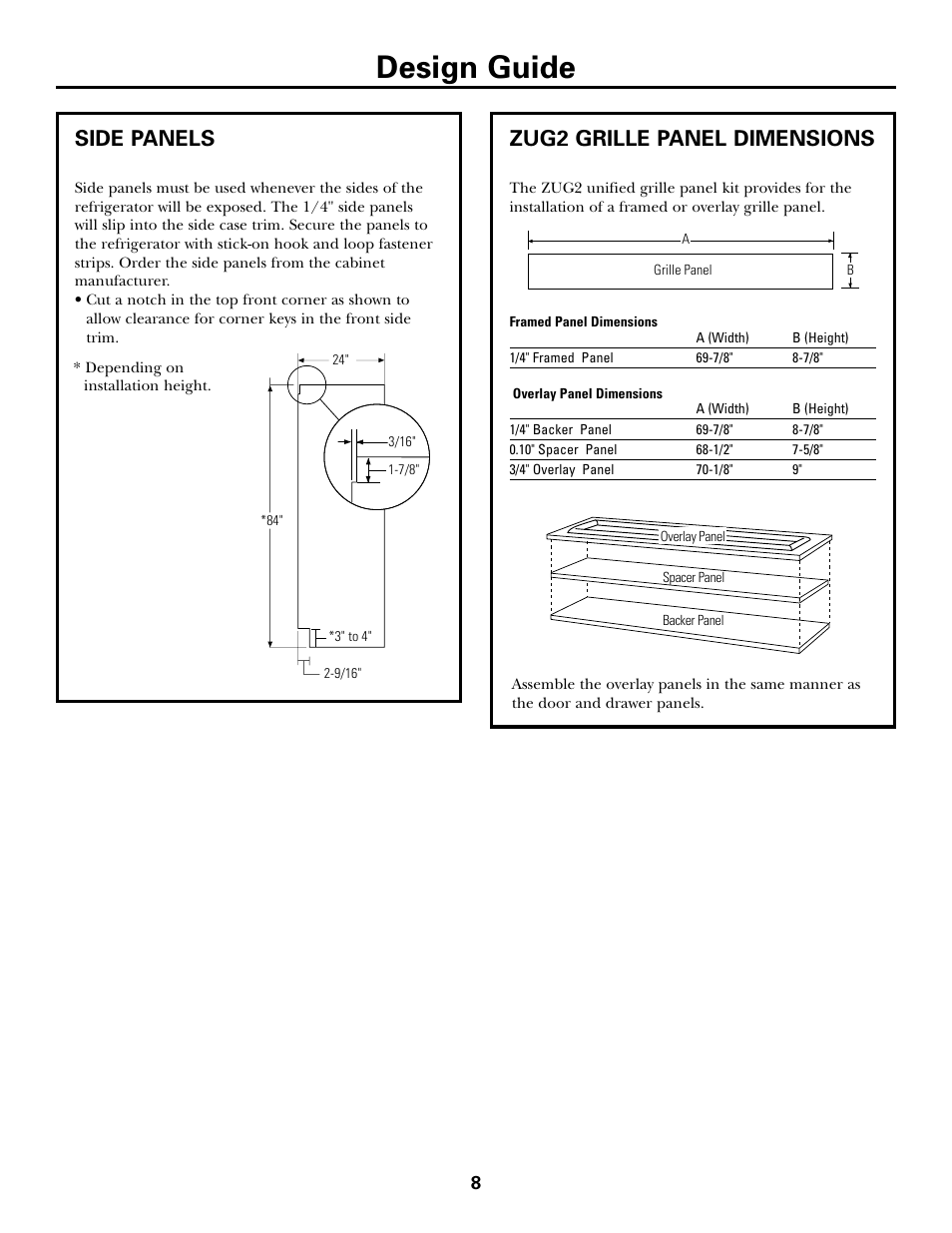 Side panel, Zug2 grille panel dimensions, Side panels zug2 grille panel dimensions | Design guide, Side panels | GE Monogram ZICS360 LH User Manual | Page 8 / 20