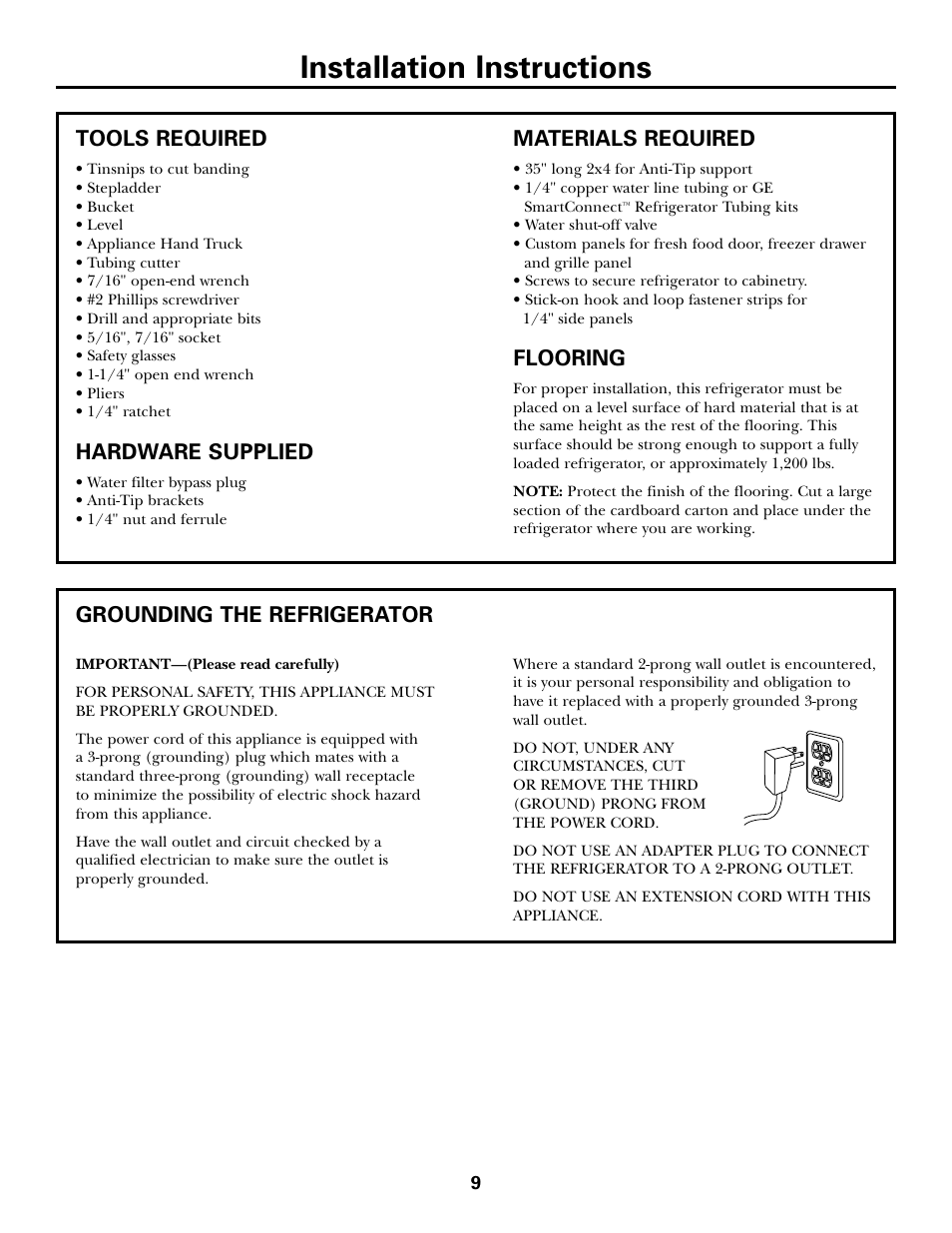 Tools, hardware, materials, Grounding the refrigerator, Installation instructions | Materials required, Flooring, Tools required, Hardware supplied | GE Monogram ZICS360 LH User Manual | Page 9 / 20