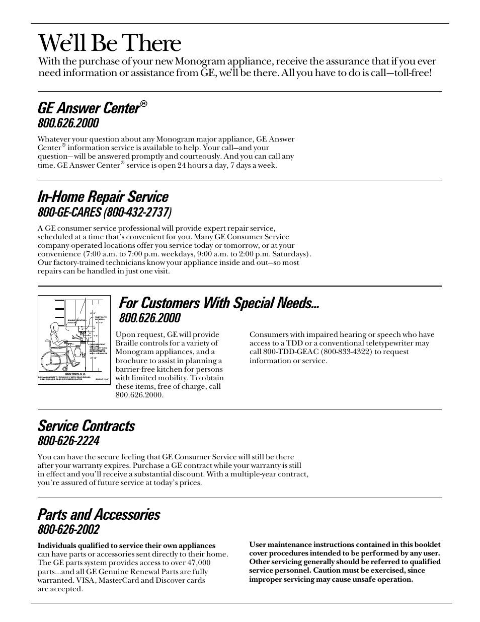 Consumer services, We’ll be there, In-home repair service | Ge answer center, Service contracts, Parts and accessories, For customers with special needs | GE Monogram ZBD4600 User Manual | Page 14 / 16