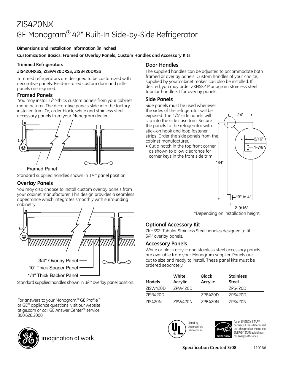 Zis420nx, Ge monogram, 42" built-in side-by-side refrigerator | GE Monogram ZIS420NX User Manual | Page 2 / 6