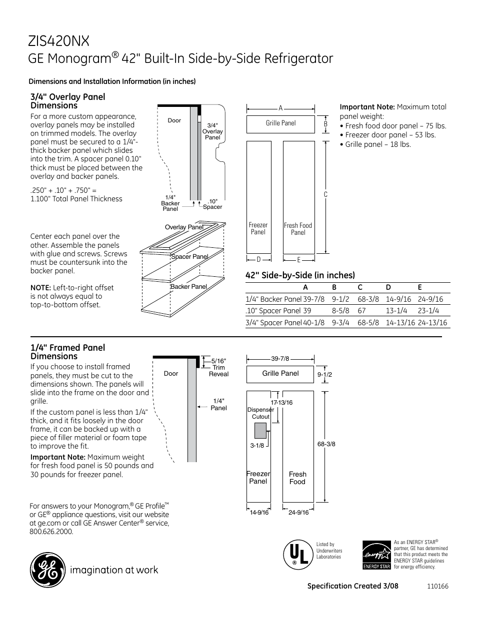 Zis420nx, Ge monogram, 42" built-in side-by-side refrigerator | 194dia6, 3/4" overlay panel dimensions, 42" side-by-side (in inches), 1/4" framed panel dimensions | GE Monogram ZIS420NX User Manual | Page 3 / 6