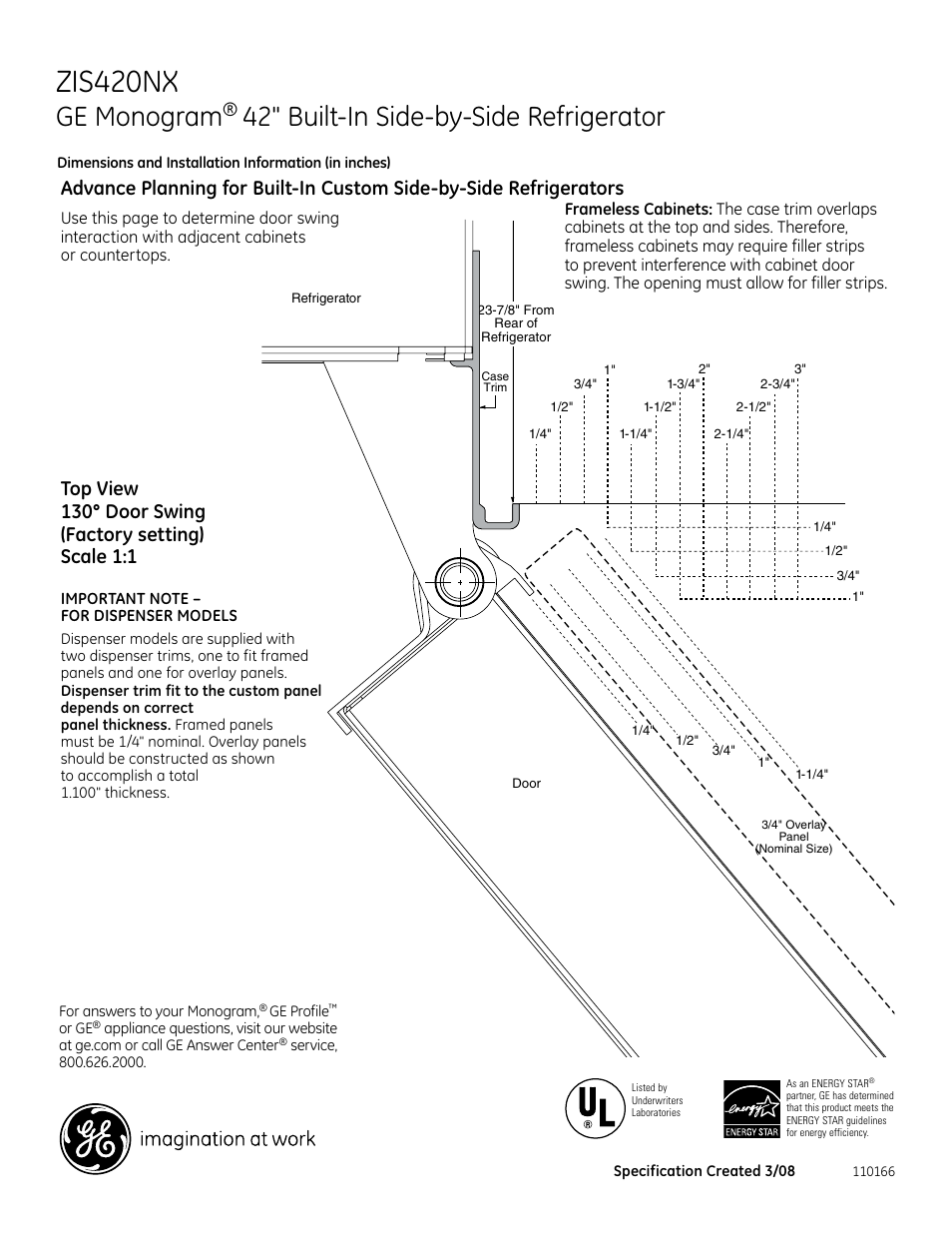 Zis420nx, Ge monogram, 42" built-in side-by-side refrigerator | 696dia5 | GE Monogram ZIS420NX User Manual | Page 4 / 6