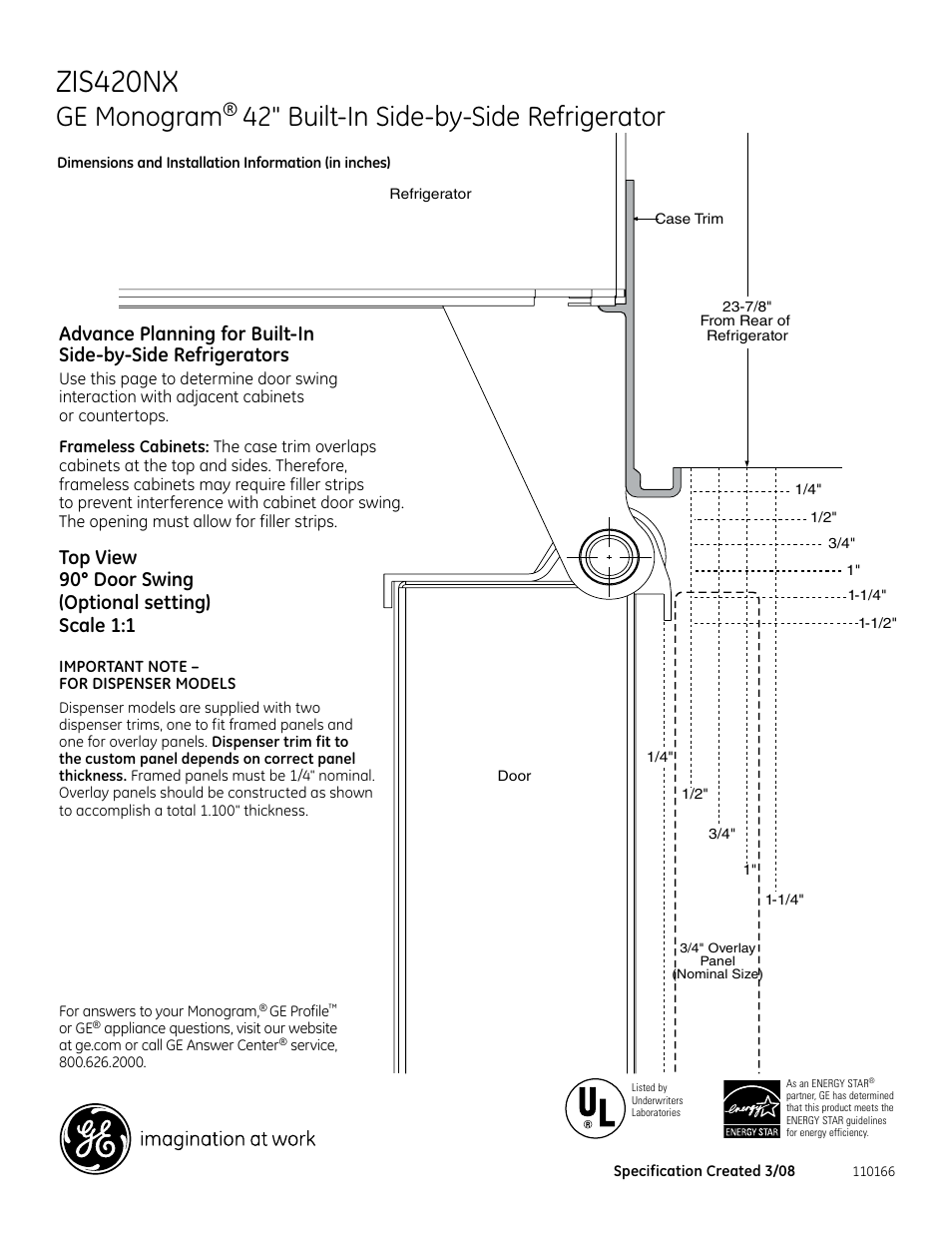 Zis420nx, Ge monogram, 42" built-in side-by-side refrigerator | 696dia6 | GE Monogram ZIS420NX User Manual | Page 5 / 6