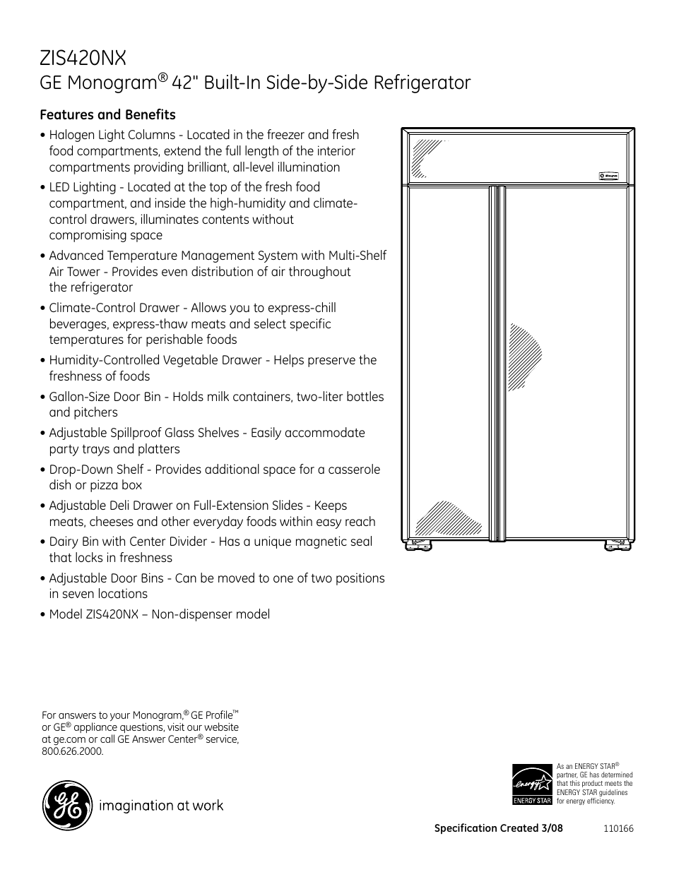 Zis420nx, Ge monogram, 42" built-in side-by-side refrigerator | Zis420nr, Features and benefits | GE Monogram ZIS420NX User Manual | Page 6 / 6