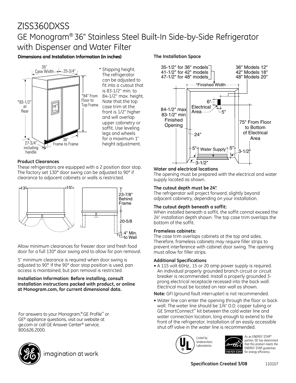 GE Monogram ZISS360DXSS User Manual | 2 pages