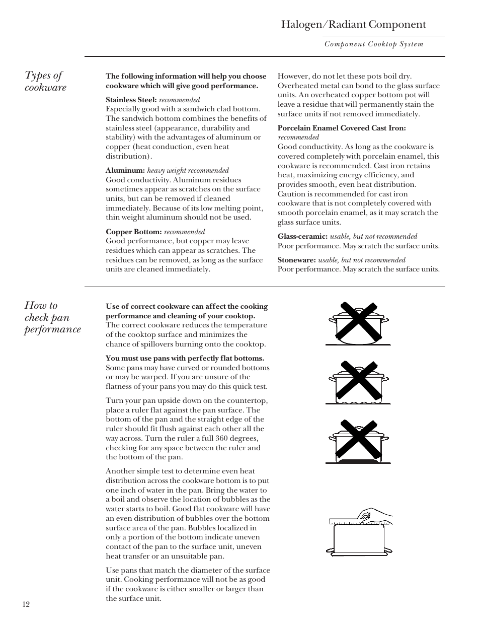 Halogen/radiant component, Types of cookware, How to check pan performance | GE Monogram Component Cooktop System User Manual | Page 12 / 36