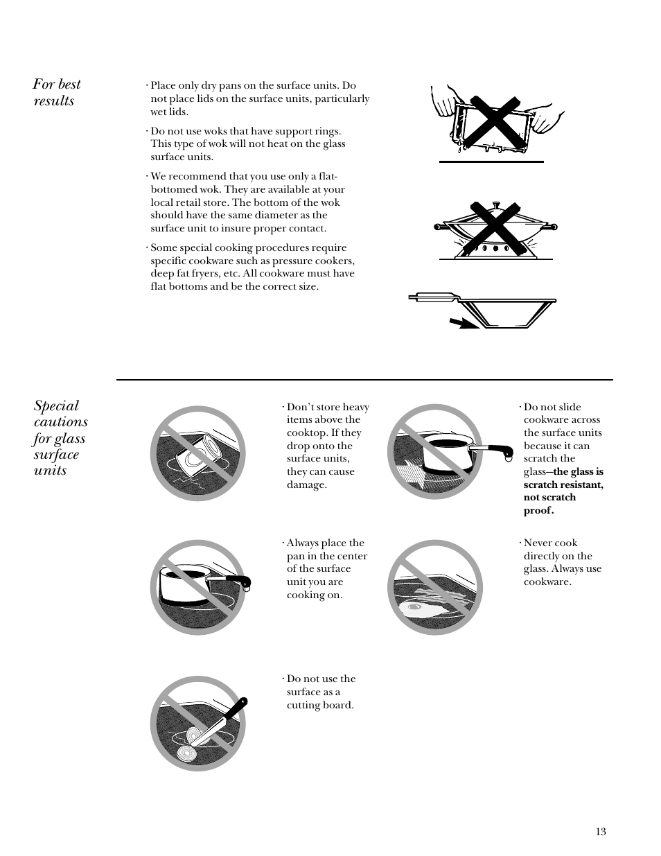 For best results, Special cautions for glass surface units | GE Monogram Component Cooktop System User Manual | Page 13 / 36