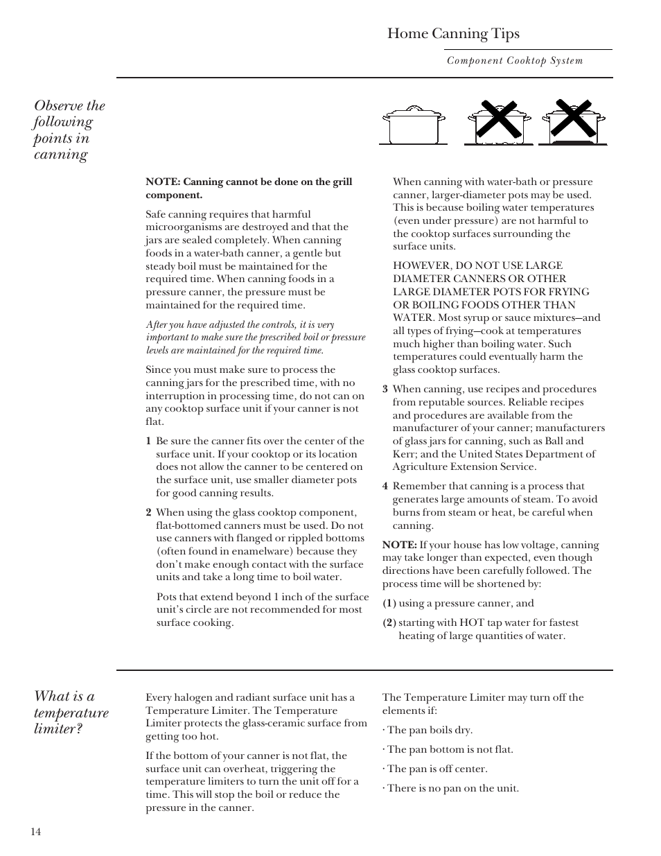 Home canning tips, Observe the following points in canning, What is a temperature limiter | GE Monogram Component Cooktop System User Manual | Page 14 / 36