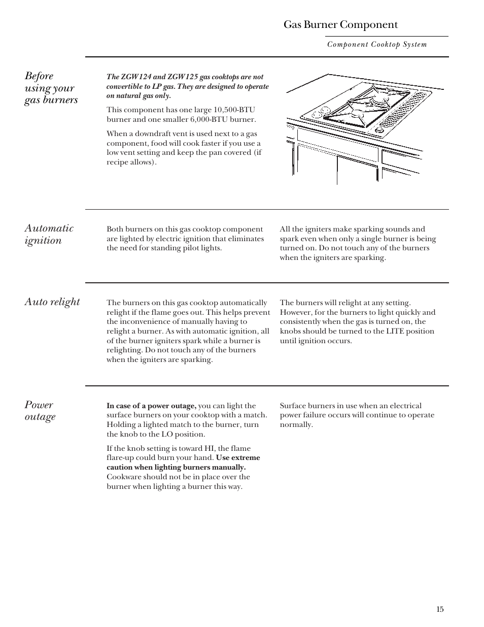 Gas burner component, Gas burner component –17, Before using your gas burners | Automatic ignition, Auto relight, Power outage | GE Monogram Component Cooktop System User Manual | Page 15 / 36