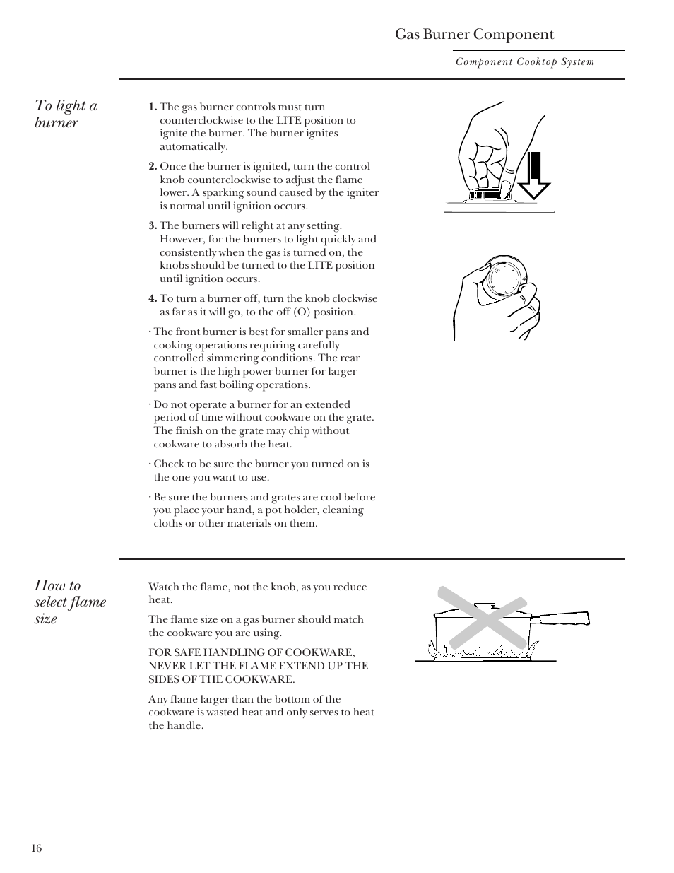 Gas burner component, How to select flame size | GE Monogram Component Cooktop System User Manual | Page 16 / 36