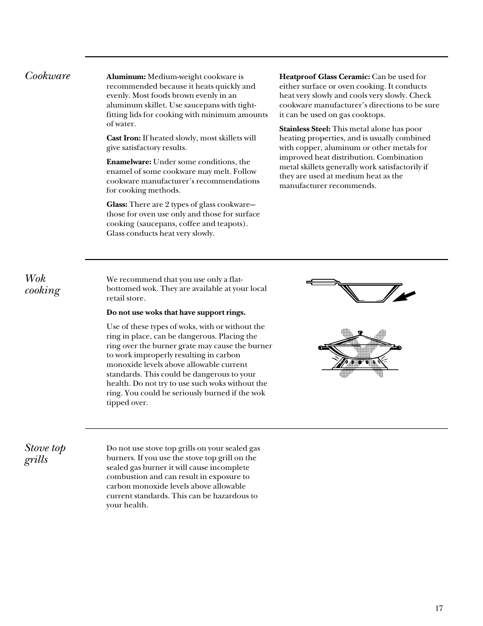 Cookware, Wok cooking, Stove top grills | GE Monogram Component Cooktop System User Manual | Page 17 / 36