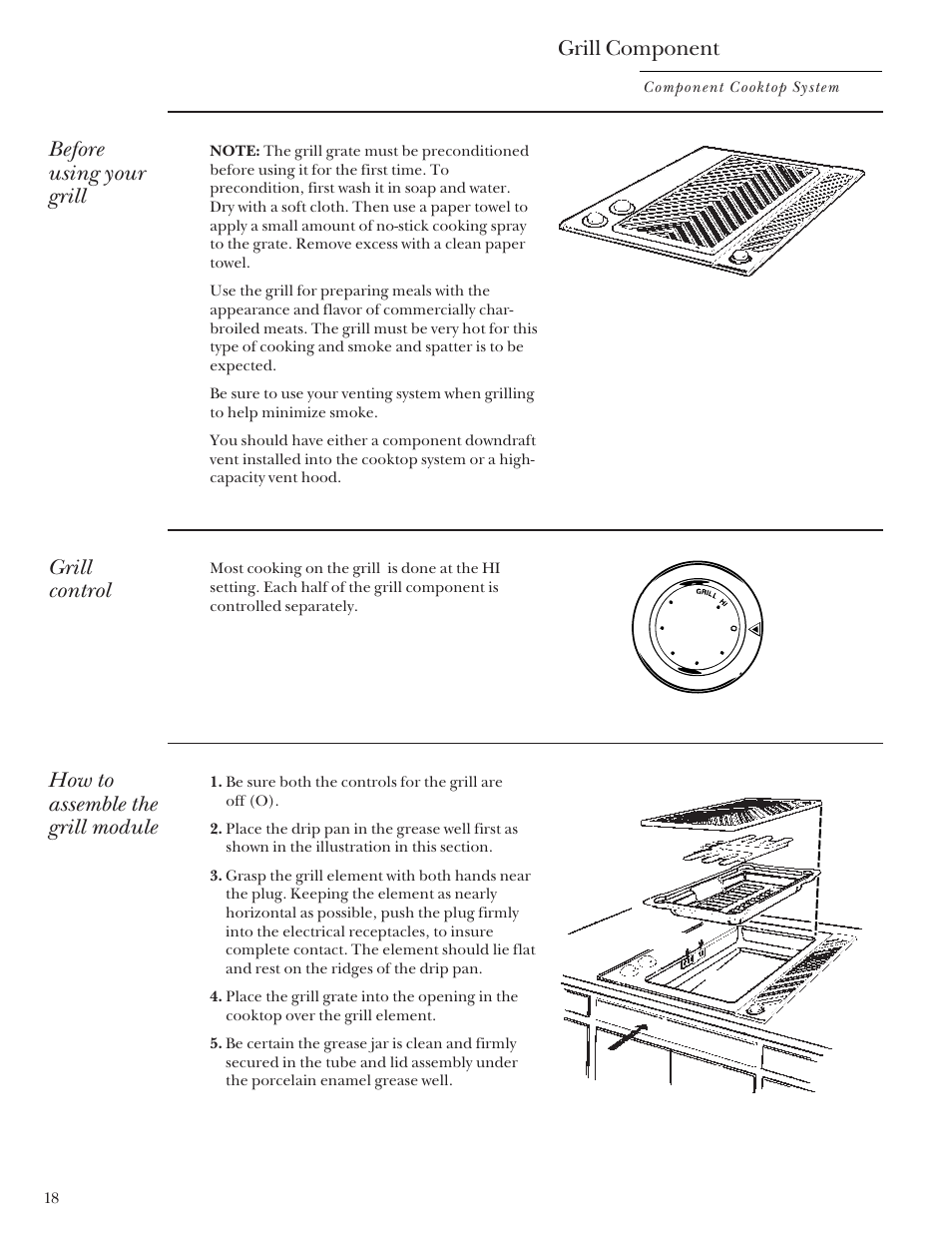 Grill component, Grill component –21, How to assemble the grill module | Before using your grill, Grill control | GE Monogram Component Cooktop System User Manual | Page 18 / 36