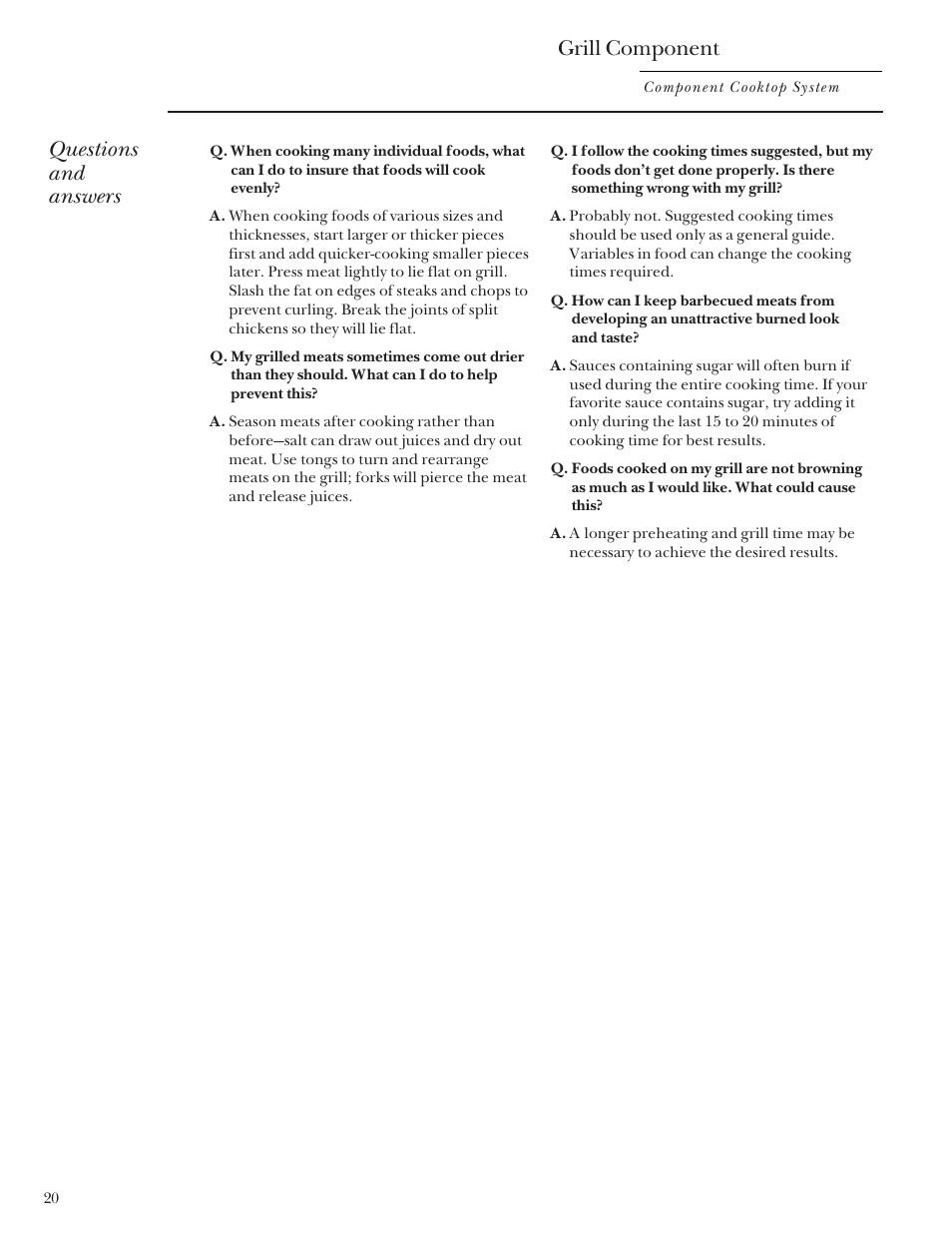 Grill component, Questions and answers | GE Monogram Component Cooktop System User Manual | Page 20 / 36