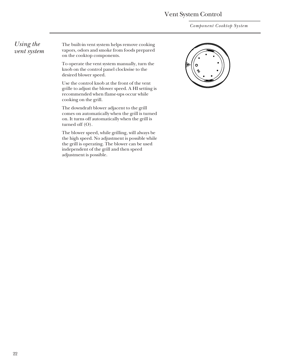 Vent system, Vent system control, Using the vent system | GE Monogram Component Cooktop System User Manual | Page 22 / 36