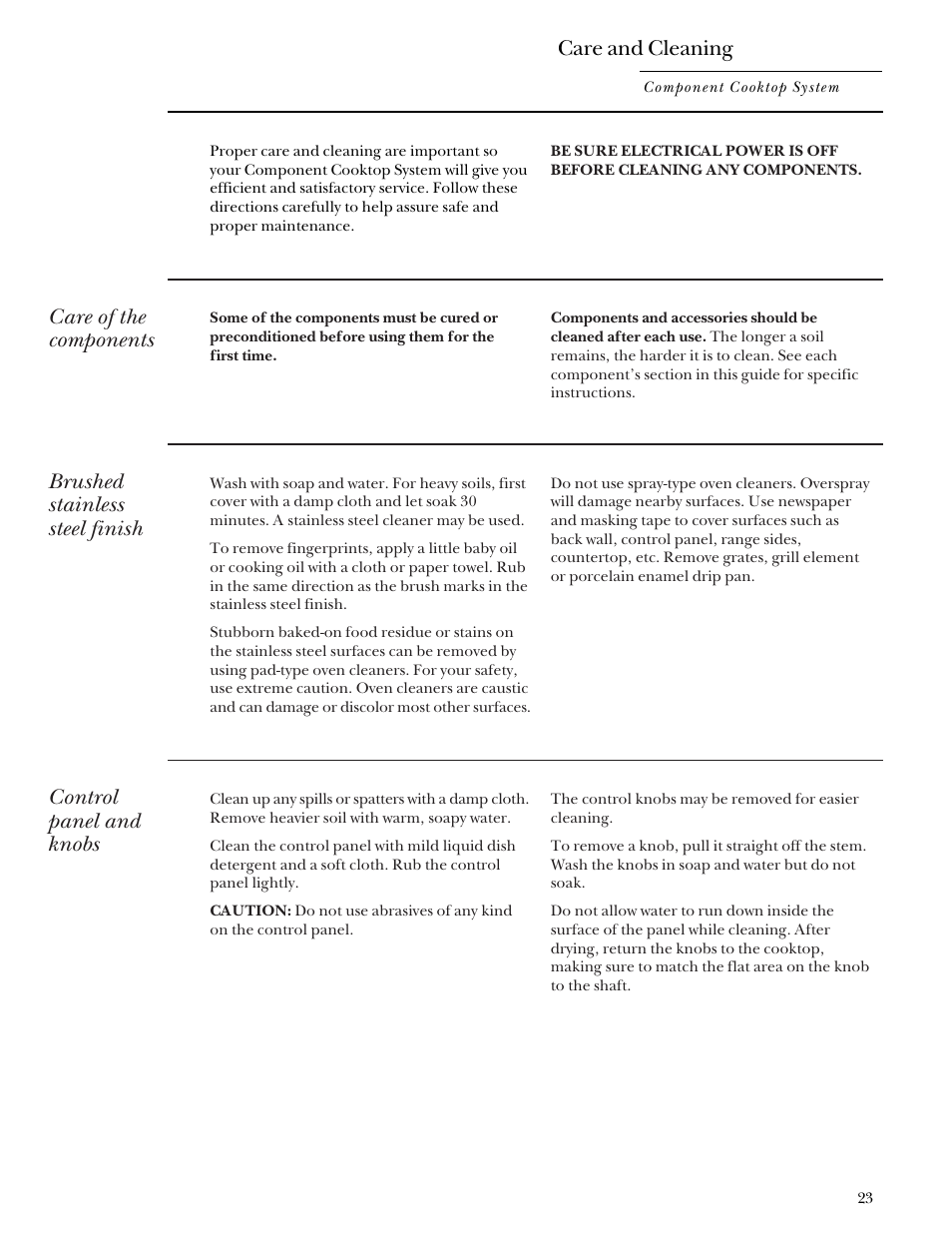 Brushed stainless steel finish, Care of components, Control panel and knobs | Care and cleaning, Care of the components | GE Monogram Component Cooktop System User Manual | Page 23 / 36