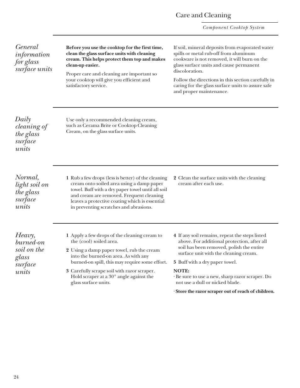 Halogen/radiant cooktop, Halogen/radiant cooktop , 25, Care and cleaning | General information for glass surface units, Daily cleaning of the glass surface units, Normal, light soil on the glass surface units, Heavy, burned-on soil on the glass surface units | GE Monogram Component Cooktop System User Manual | Page 24 / 36