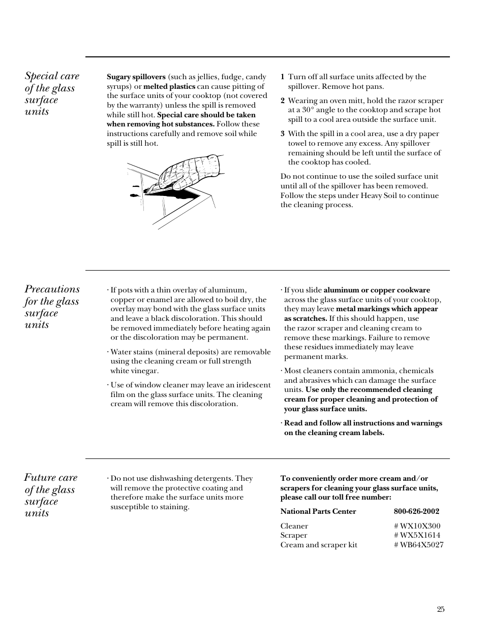 Special care of the glass surface units, Future care of the glass surface units, Precautions for the glass surface units | GE Monogram Component Cooktop System User Manual | Page 25 / 36