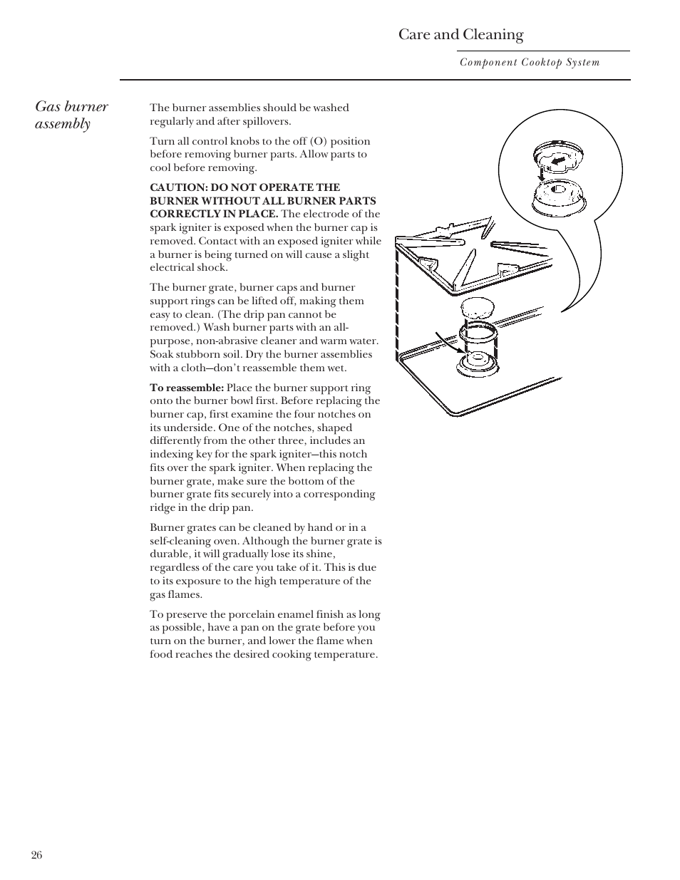 Gas burner assembly, Care and cleaning | GE Monogram Component Cooktop System User Manual | Page 26 / 36