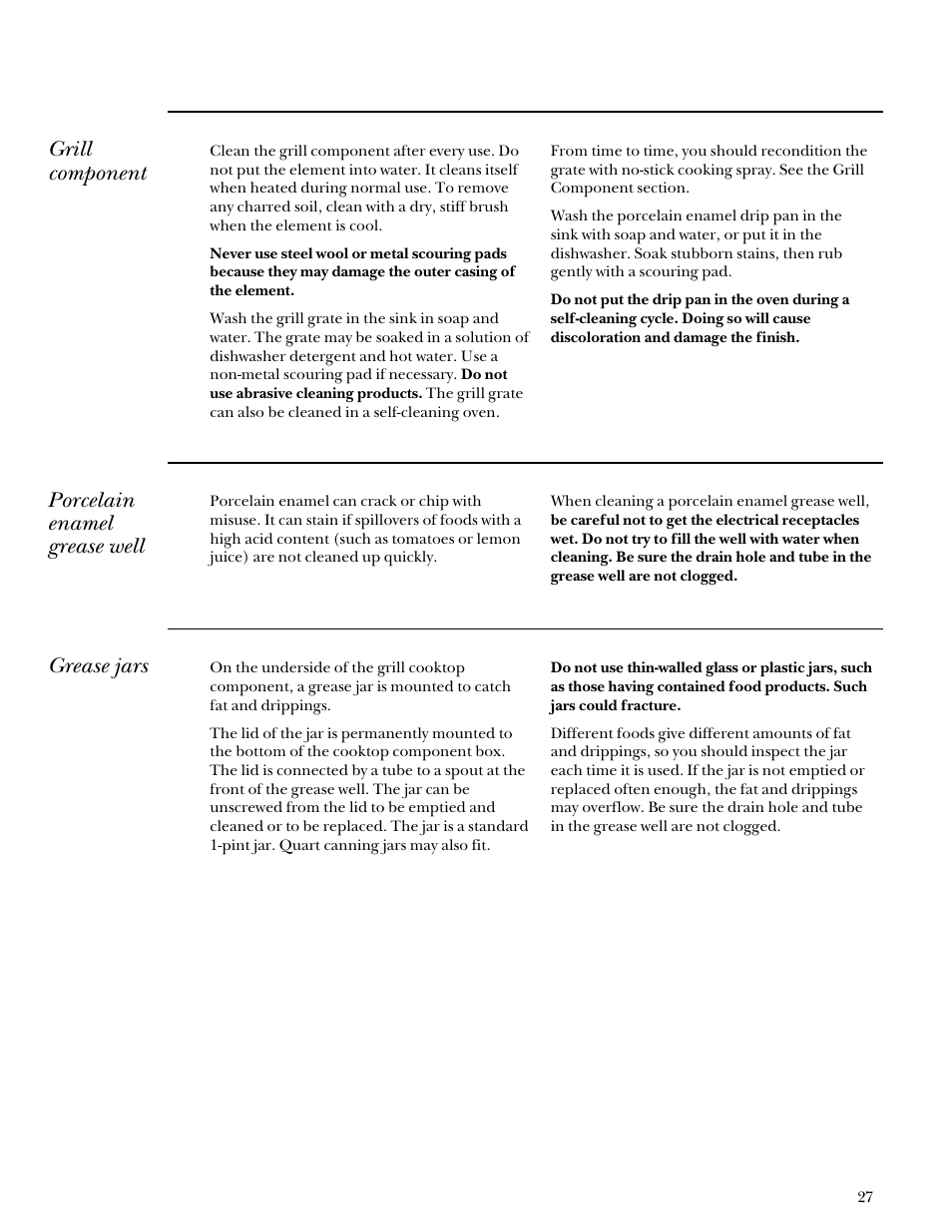 Grease jars, Grill component, Porcelain enamel grease well | Grease jars grill component | GE Monogram Component Cooktop System User Manual | Page 27 / 36