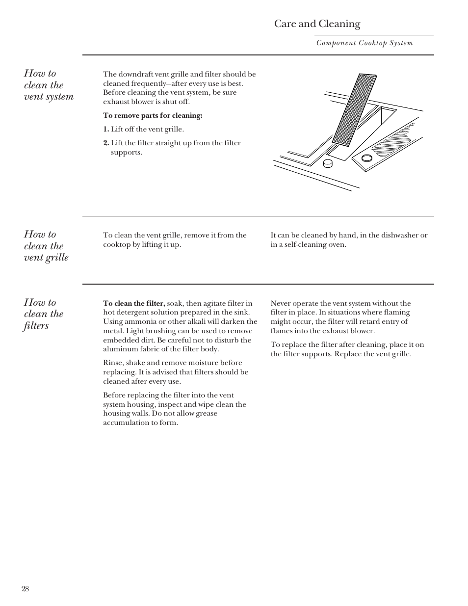 Vent filters, Vent grille, Vent system | Vent filters vent grille vent system, Care and cleaning, How to clean the vent system, How to clean the vent grille, How to clean the filters | GE Monogram Component Cooktop System User Manual | Page 28 / 36