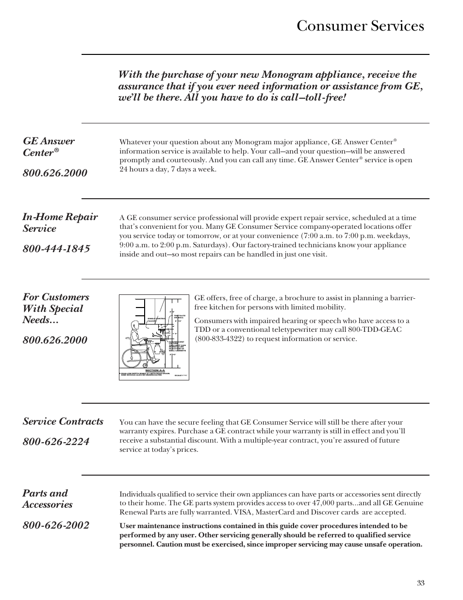 Important phone numbers, Important phone numbers , 36, Consumer services | GE Monogram Component Cooktop System User Manual | Page 33 / 36
