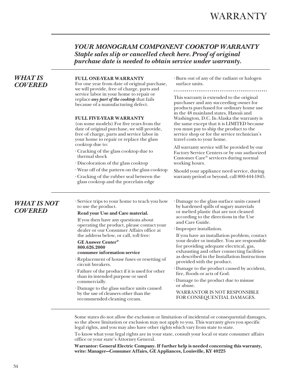 Warranty, What is not covered | GE Monogram Component Cooktop System User Manual | Page 34 / 36