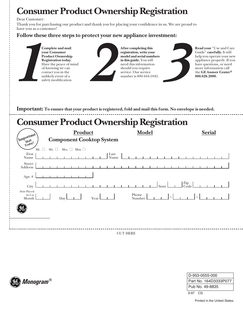 Consumer product ownership registration, Monogram | GE Monogram Component Cooktop System User Manual | Page 36 / 36