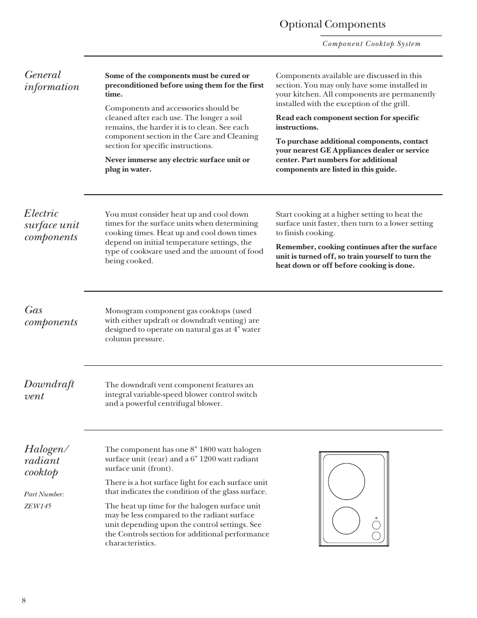Optional components, Optional components , 9, General information | Electric surface unit components, Gas components, Downdraft vent, Halogen/ radiant cooktop | GE Monogram Component Cooktop System User Manual | Page 8 / 36