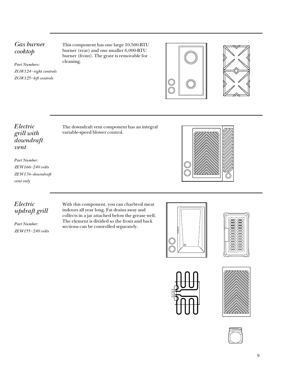 Electric updraft grill, Gas burner cooktop, Electric grill with downdraft vent | GE Monogram Component Cooktop System User Manual | Page 9 / 36