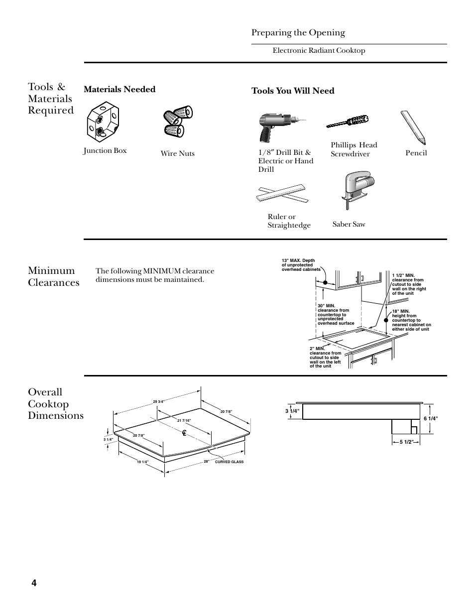 Tools & materials required, Preparing the opening, Minimum clearances | Overall cooktop dimensions, 4preparing the opening, Tools you will need, Materials needed | GE Monogram ZEU30R User Manual | Page 4 / 8