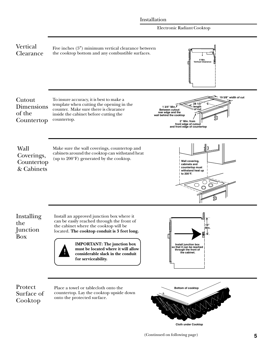Vertical clearance, Cutout dimensions of the countertop, Wall coverings, countertop & cabinets | Installation, Installing the junction box, Protect surface of cooktop | GE Monogram ZEU30R User Manual | Page 5 / 8