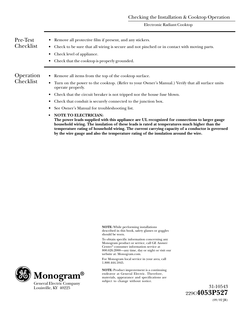 Checking the installation & cooktop operation, Pre-test checklist, Operation checklist | Monogram | GE Monogram ZEU30R User Manual | Page 8 / 8