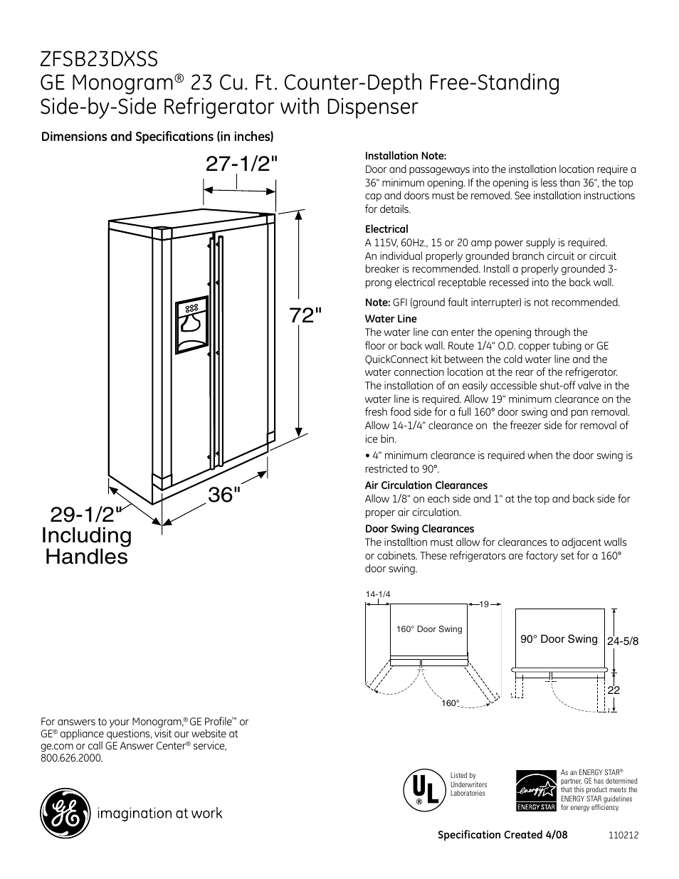 GE Monogram ZFSB23DXSS User Manual | 2 pages