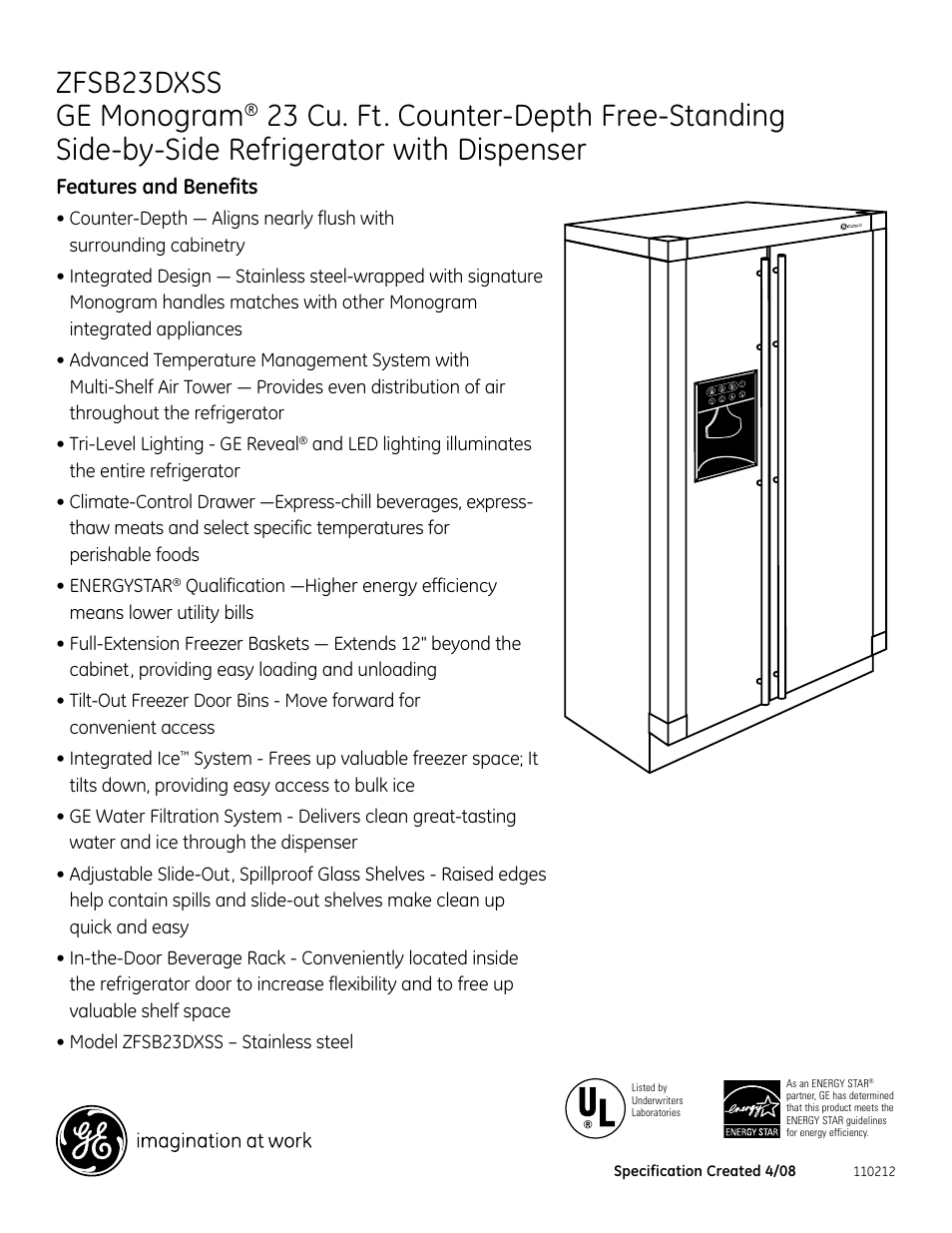 Zfsb23dxss ge monogram, Zfsb25dmss.eps, Features and benefits | GE Monogram ZFSB23DXSS User Manual | Page 2 / 2