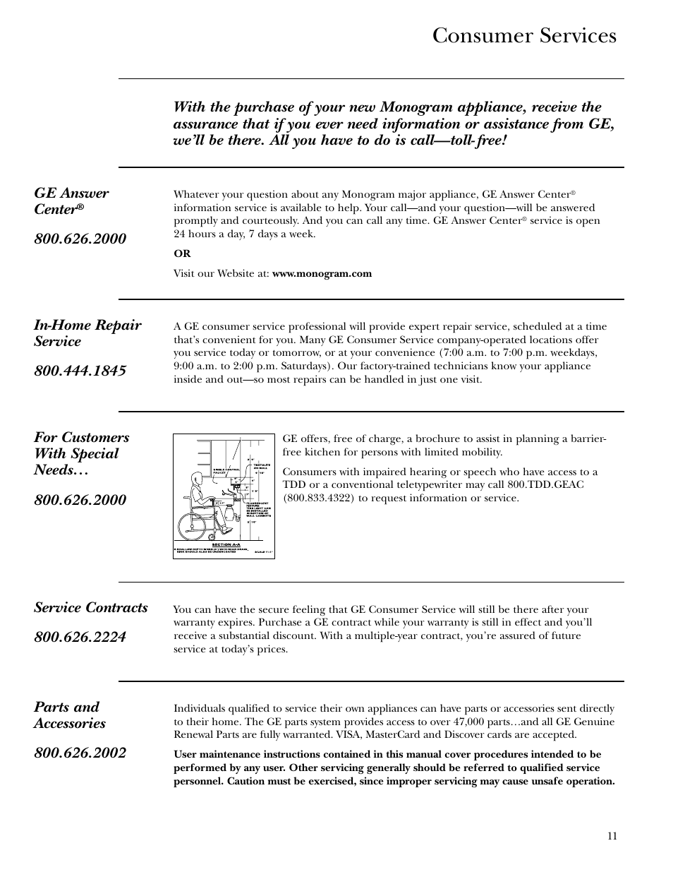 Important phone numbers, Consumer services | GE Monogram ZV30 User Manual | Page 11 / 12