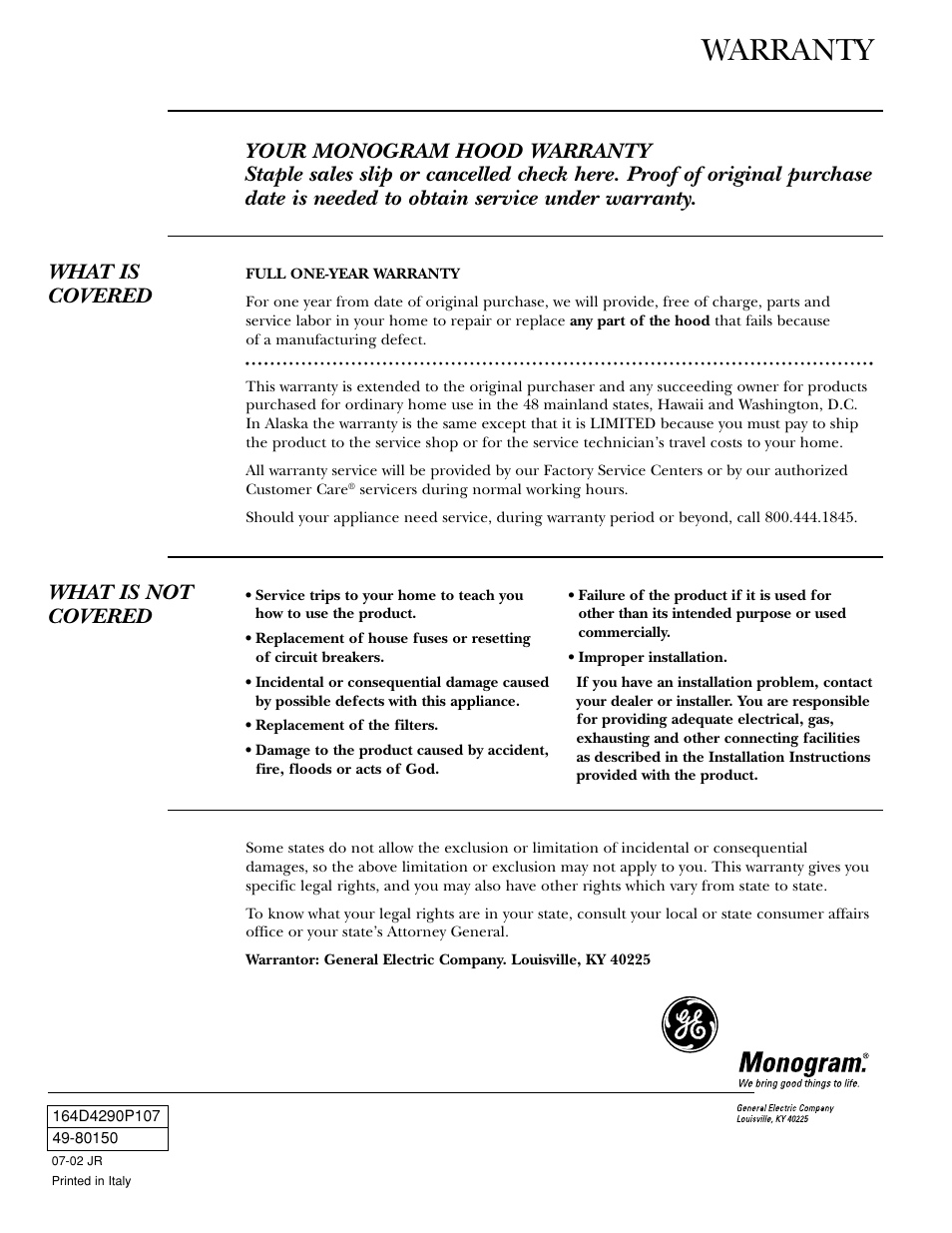 Warranty, What is not covered | GE Monogram ZV30 User Manual | Page 12 / 12