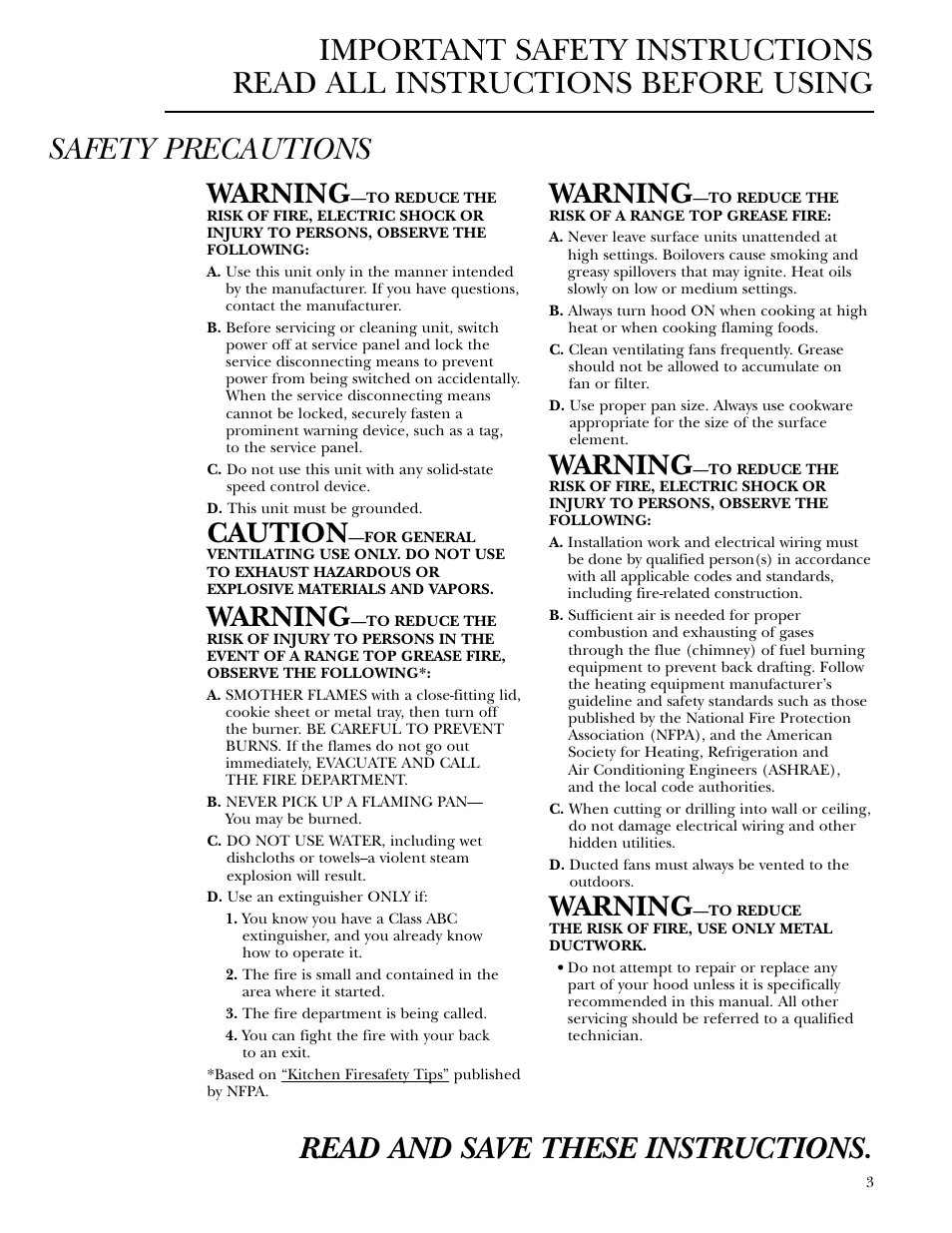 Safety instructions, Safety instructions , 4, Warning | Caution | GE Monogram ZV30 User Manual | Page 3 / 12