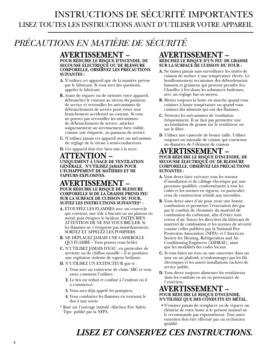 Instructions de sécurité importantes, Avertissement, Attention | GE Monogram ZV30 User Manual | Page 4 / 12