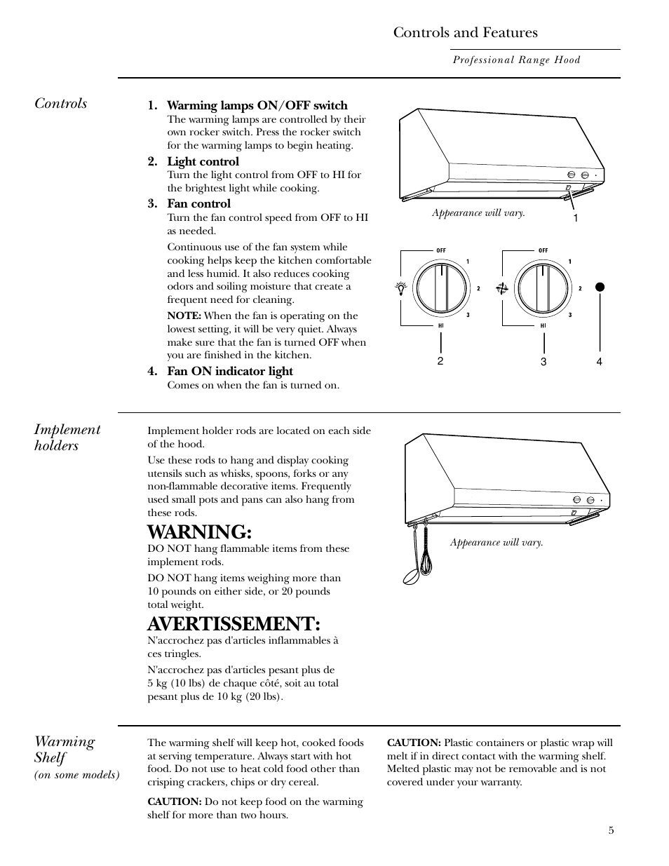 Controls and features, Warning, Avertissement | Controls, Implement holders, Warming shelf | GE Monogram ZV30 User Manual | Page 5 / 12