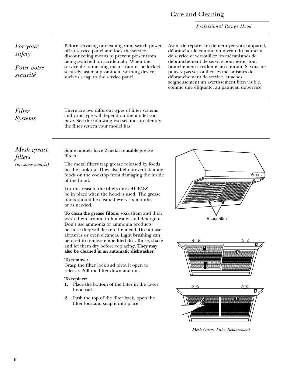 Mesh grease filters, Care and cleaning, For your safety pour votre securité | Filter systems | GE Monogram ZV30 User Manual | Page 6 / 12