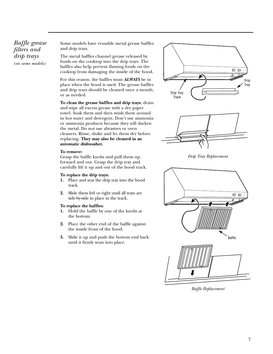 Baffle grease filters, Drip trays, Baffle grease filters drip trays | Baffle grease filters and drip trays | GE Monogram ZV30 User Manual | Page 7 / 12