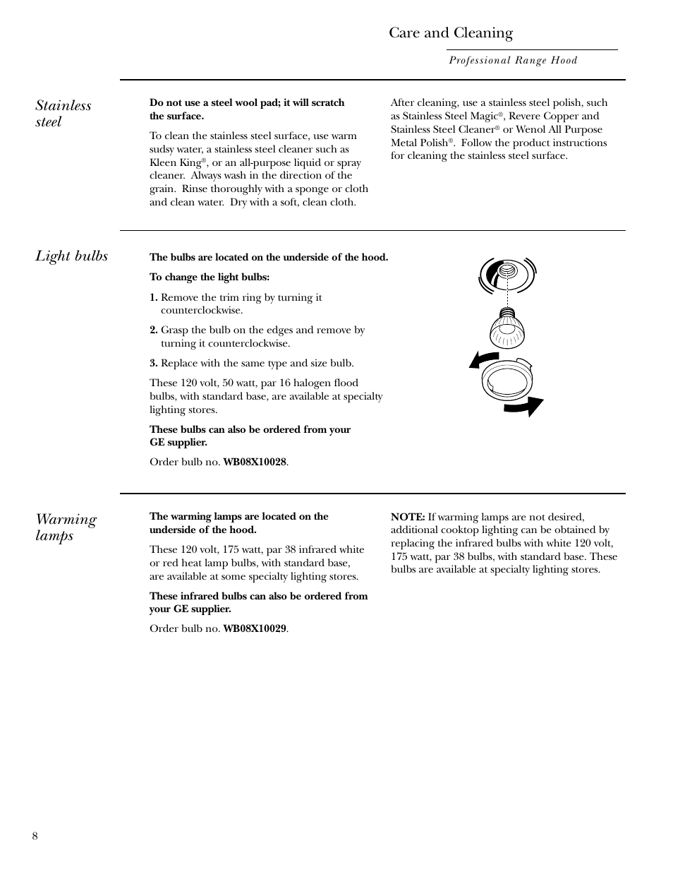 Hood surfaces, Light bulbs, Warming lamps | Hood surfaces light bulbs, Stainless steel, Care and cleaning | GE Monogram ZV30 User Manual | Page 8 / 12