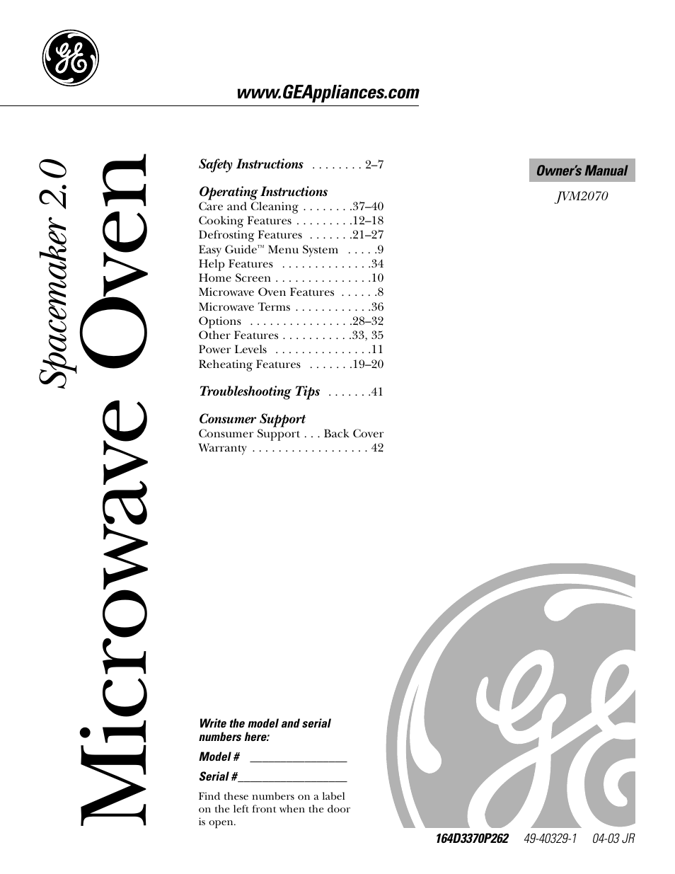 GE Monogram JVM2070 User Manual | 44 pages